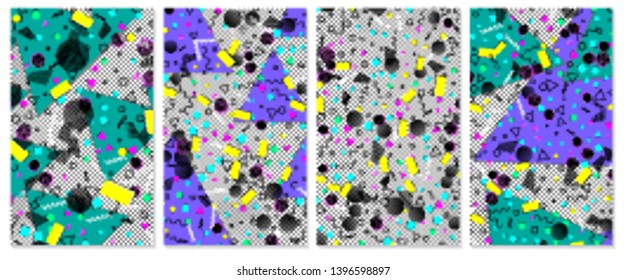 Set of memphis pattern. Pop art color background. Geometric shapes for tissue and postcards. Vector Illustration. Hipster style 80s-90s. Abstract colorful funky background.