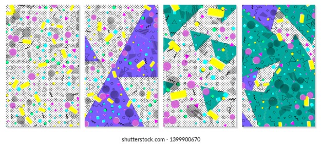 Set of memphis pattern. Pop art color background. Geometric shapes for tissue and postcards. Vector Illustration. Hipster style 80s-90s. Abstract colorful funky background.