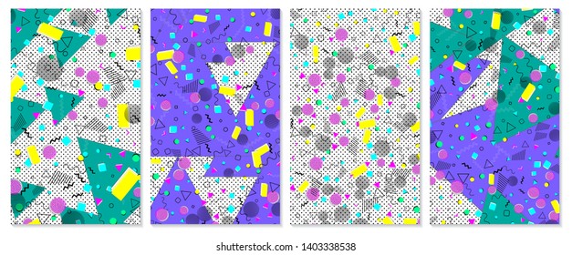 Set of memphis pattern. Pop art color background. Geometric shapes for tissue and postcards. Vector Illustration. Hipster style 80s-90s. Abstract colorful funky background.