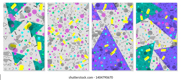 Set of memphis pattern. Pop art color background. Geometric shapes for tissue and postcards. Vector Illustration. Hipster style 80s-90s. Abstract colorful funky background.