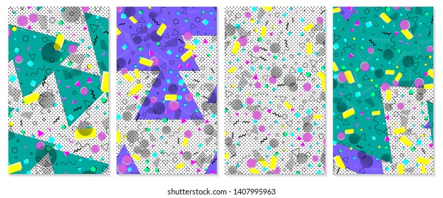 Set of memphis pattern. Pop art color background. Geometric shapes for tissue and postcards. Vector Illustration. Hipster style 80s-90s. Abstract colorful funky background.