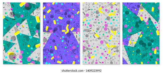 Set of memphis pattern. Pop art color background. Geometric shapes for tissue and postcards. Vector Illustration. Hipster style 80s-90s. Abstract colorful funky background.