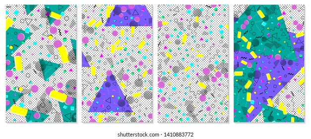 Set of memphis pattern. Pop art color background. Geometric shapes for tissue and postcards. Vector Illustration. Hipster style 80s-90s. Abstract colorful funky background.