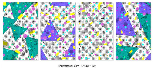 Set of memphis pattern. Pop art color background. Geometric shapes for tissue and postcards. Vector Illustration. Hipster style 80s-90s. Abstract colorful funky background.
