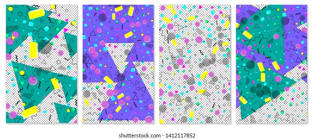 Set of memphis pattern. Pop art color background. Geometric shapes for tissue and postcards. Vector Illustration. Hipster style 80s-90s. Abstract colorful funky background.