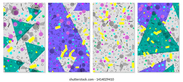 Set of memphis pattern. Pop art color background. Geometric shapes for tissue and postcards. Vector Illustration. Hipster style 80s-90s. Abstract colorful funky background.