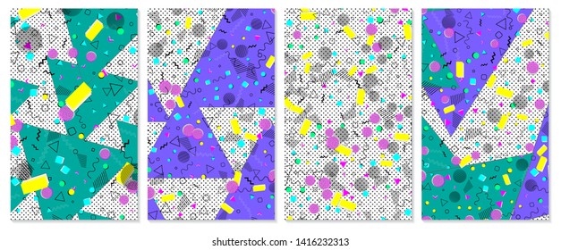 Set of memphis pattern. Pop art color background. Geometric shapes for tissue and postcards. Vector Illustration. Hipster style 80s-90s. Abstract colorful funky background.