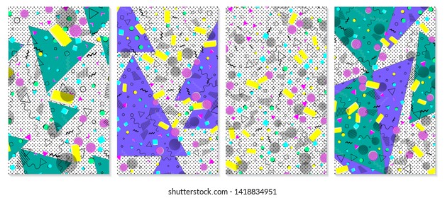 Set of memphis pattern. Pop art color background. Geometric shapes for tissue and postcards. Vector Illustration. Hipster style 80s-90s. Abstract colorful funky background.