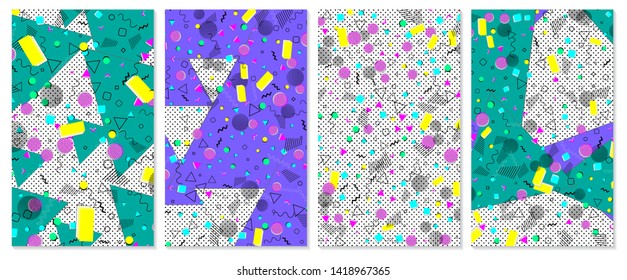 Set of memphis pattern. Pop art color background. Geometric shapes for tissue and postcards. Vector Illustration. Hipster style 80s-90s. Abstract colorful funky background.
