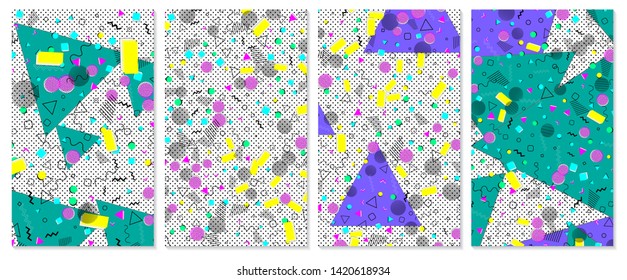 Set of memphis pattern. Pop art color background. Geometric shapes for tissue and postcards. Vector Illustration. Hipster style 80s-90s. Abstract colorful funky background.