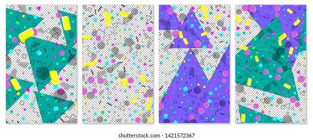 Set of memphis pattern. Pop art color background. Geometric shapes for tissue and postcards. Vector Illustration. Hipster style 80s-90s. Abstract colorful funky background.