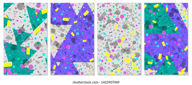 Set of memphis pattern. Pop art color background. Geometric shapes for tissue and postcards. Vector Illustration. Hipster style 80s-90s. Abstract colorful funky background.