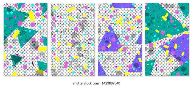Set of memphis pattern. Pop art color background. Geometric shapes for tissue and postcards. Vector Illustration. Hipster style 80s-90s. Abstract colorful funky background.