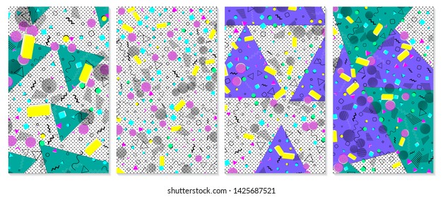 Set of memphis pattern. Pop art color background. Geometric shapes for tissue and postcards. Vector Illustration. Hipster style 80s-90s. Abstract colorful funky background.