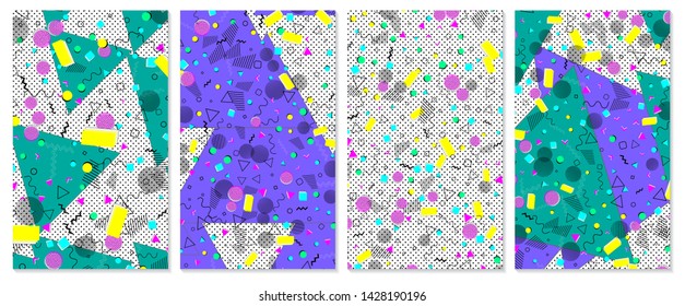 Set of memphis pattern. Pop art color background. Geometric shapes for tissue and postcards. Vector Illustration. Hipster style 80s-90s. Abstract colorful funky background.