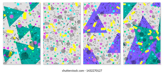 Set of memphis pattern. Pop art color background. Geometric shapes for tissue and postcards. Vector Illustration. Hipster style 80s-90s. Abstract colorful funky background.