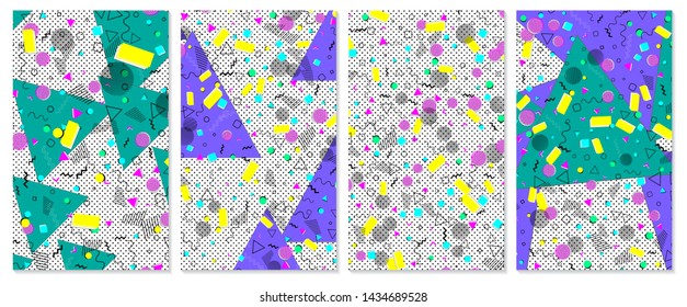 Set of memphis pattern. Pop art color background. Geometric shapes for tissue and postcards. Vector Illustration. Hipster style 80s-90s. Abstract colorful funky background.