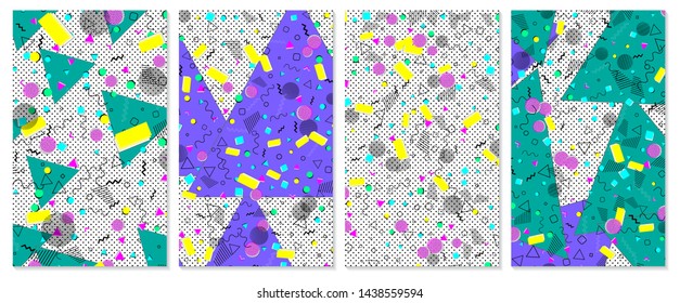 Set of memphis pattern. Pop art color background. Geometric shapes for tissue and postcards. Vector Illustration. Hipster style 80s-90s. Abstract colorful funky background.