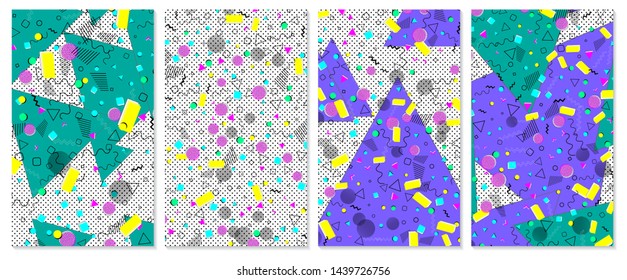 Set of memphis pattern. Pop art color background. Geometric shapes for tissue and postcards. Vector Illustration. Hipster style 80s-90s. Abstract colorful funky background.