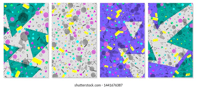 Set of memphis pattern. Pop art color background. Geometric shapes for tissue and postcards. Vector Illustration. Hipster style 80s-90s. Abstract colorful funky background.
