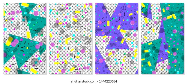Set of memphis pattern. Pop art color background. Geometric shapes for tissue and postcards. Vector Illustration. Hipster style 80s-90s. Abstract colorful funky background.