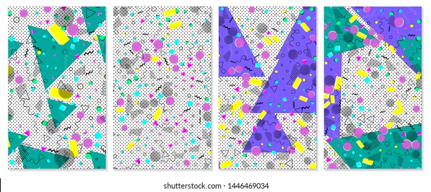 Set of memphis pattern. Pop art color background. Geometric shapes for tissue and postcards. Vector Illustration. Hipster style 80s-90s. Abstract colorful funky background.