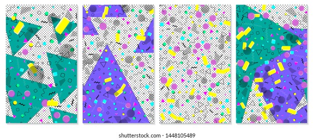Set of memphis pattern. Pop art color background. Geometric shapes for tissue and postcards. Vector Illustration. Hipster style 80s-90s. Abstract colorful funky background.