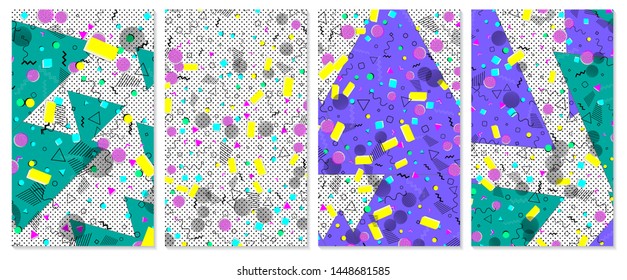 Set of memphis pattern. Pop art color background. Geometric shapes for tissue and postcards. Vector Illustration. Hipster style 80s-90s. Abstract colorful funky background.