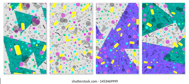 Set of memphis pattern. Pop art color background. Geometric shapes for tissue and postcards. Vector Illustration. Hipster style 80s-90s. Abstract colorful funky background.