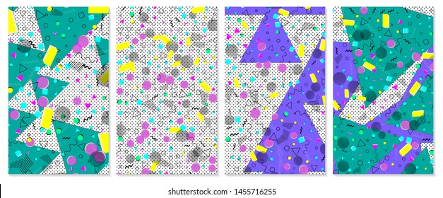 Set of memphis pattern. Pop art color background. Geometric shapes for tissue and postcards. Vector Illustration. Hipster style 80s-90s. Abstract colorful funky background.