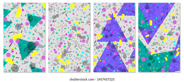 Set of memphis pattern. Pop art color background. Geometric shapes for tissue and postcards. Vector Illustration. Hipster style 80s-90s. Abstract colorful funky background.