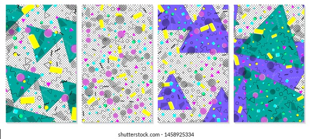 Set of memphis pattern. Pop art color background. Geometric shapes for tissue and postcards. Vector Illustration. Hipster style 80s-90s. Abstract colorful funky background.