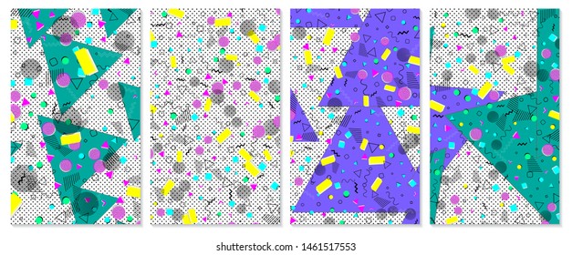 Set of memphis pattern. Pop art color background. Geometric shapes for tissue and postcards. Vector Illustration. Hipster style 80s-90s. Abstract colorful funky background.