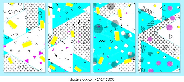 Set of memphis pattern. Pop art color background. Geometric shapes for tissue and postcards. Vector Illustration. Hipster style 80s-90s. Abstract colorful funky background.