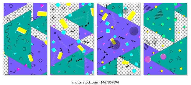 Set of memphis pattern. Pop art color background. Geometric shapes for tissue and postcards. Vector Illustration. Hipster style 80s-90s. Abstract colorful funky background.