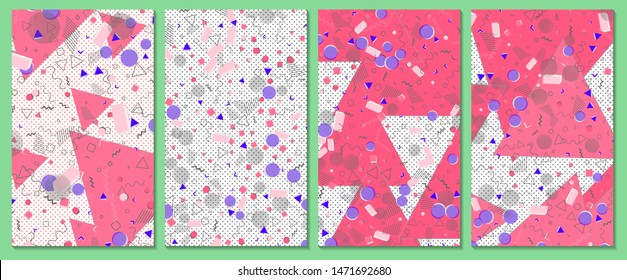 Set of memphis pattern. Pop art color background. Geometric shapes for tissue and postcards. Vector Illustration. Hipster style 80s-90s. Abstract colorful funky background.