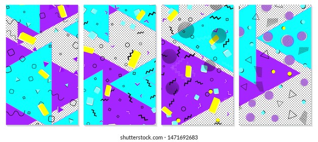 Set of memphis pattern. Pop art color background. Geometric shapes for tissue and postcards. Vector Illustration. Hipster style 80s-90s. Abstract colorful funky background.