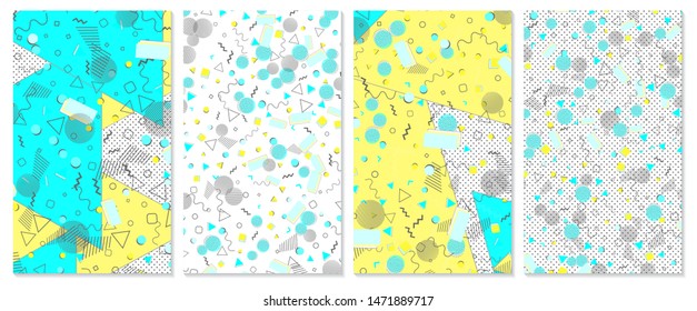 Set of memphis pattern. Pop art color background. Geometric shapes for tissue and postcards. Vector Illustration. Hipster style 80s-90s. Abstract colorful funky background.