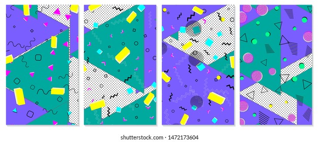 Set of memphis pattern. Pop art color background. Geometric shapes for tissue and postcards. Vector Illustration. Hipster style 80s-90s. Abstract colorful funky background.