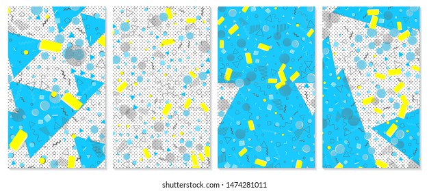 Set of memphis pattern. Pop art color background. Geometric shapes for tissue and postcards. Vector Illustration. Hipster style 80s-90s. Abstract colorful funky background.