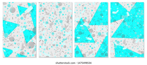 Set of memphis pattern. Pop art color background. Geometric shapes for tissue and postcards. Vector Illustration. Hipster style 80s-90s. Abstract colorful funky background.