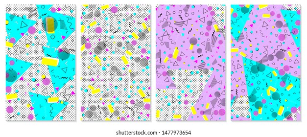 Set of memphis pattern. Pop art color background. Geometric shapes for tissue and postcards. Vector Illustration. Hipster style 80s-90s. Abstract colorful funky background.