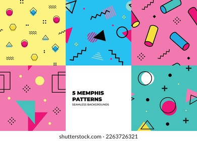 Set of Memphis Pattern. Red, Blue, Yellow, Turquoise Colors. Memphis Style Funky Patterns. Hipster Style 80s-90s. Vector illustration. Suitable for banners, funky posters, flyers, covers.