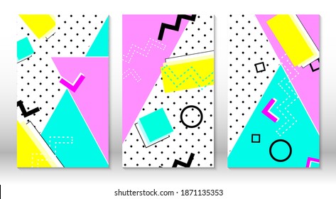 Set of memphis patterns. Abstract colorful fun background. Hipster style 80s-90s. Memphis elements.