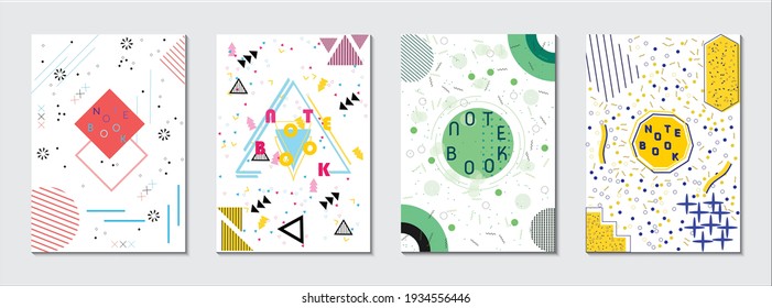 Set of memphis retro styled geometric shaped template for notebook cover, brochure, poster, banner