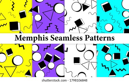 Set of Memphis Seamless Pattern. Fun Background. Trendy Colors. Memphis Style Patterns. Vector Illustration. Seamless Pattern. Abstract Colorful Fun Background. Hipster Style 80s-90s.