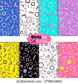 Set of Memphis Seamless Pattern. Fun Background. Pink, Blue, Yellow Colors. Memphis Style Patterns. Vector Illustration. Seamless Pattern. Abstract Colorful Fun Background. Hipster Style 80s-90s.