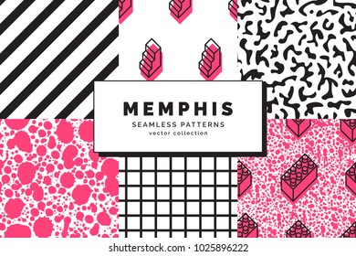Set of Memphis seamless patterns. Retro fashion style of the 80-90s. Abstract background. Modern wallpaper. Design template for branding, banners, book covers, cards. Vector illustration.