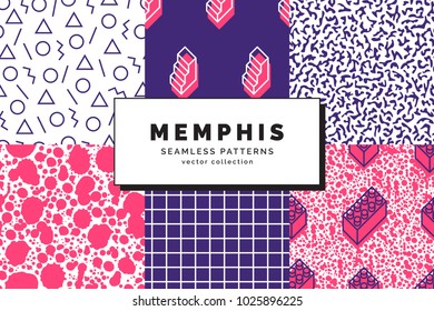 Set of Memphis seamless patterns. Retro fashion style of the 80-90s. Abstract background. Modern wallpaper. Design template for branding, banners, book covers, cards. Vector illustration.