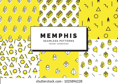 Set of Memphis seamless patterns. Retro fashion style of the 80-90s. Abstract background. Modern wallpaper. Design template for branding, banners, book covers, cards. Vector illustration.